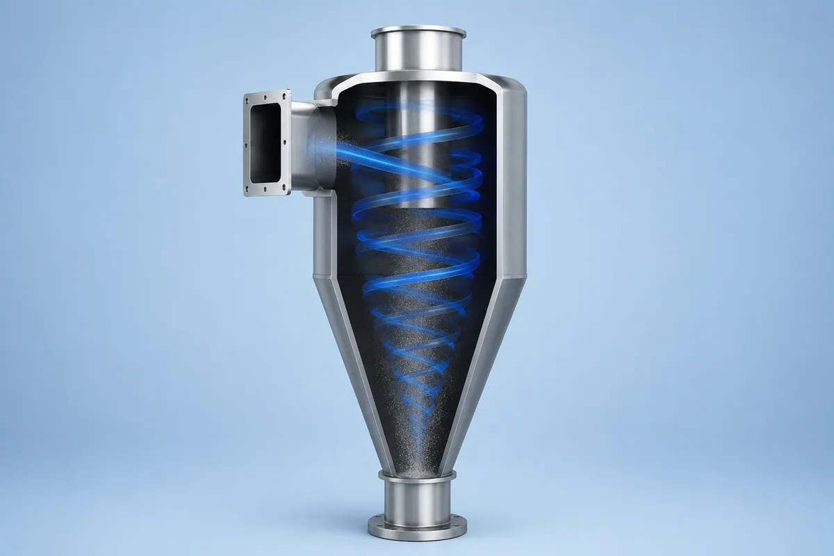Conceptual cyclone cutaway with blue ribbons suggesting internal airflow.