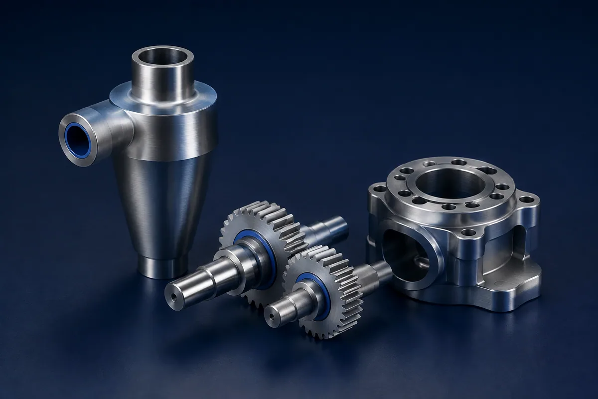 Concept rendering of a cyclone separator, paired gears and a machined metal housing.
