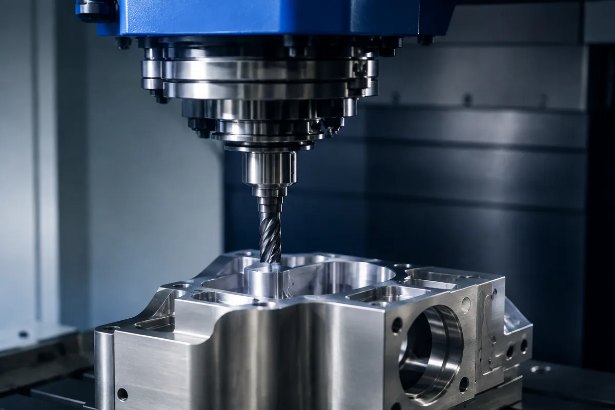 Generated illustration of a CNC milling spindle above a machined metal part.